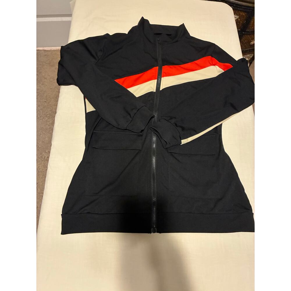 Womens Track Jacket Black Red White Stripe Zip Up Athletic Stretch Jacket L